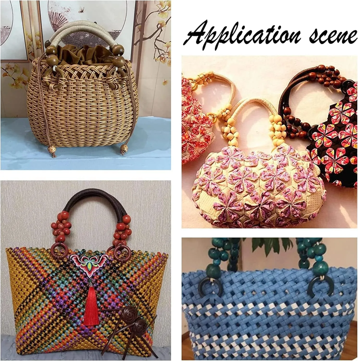 6Pcs Wooden Beaded Bag Handles, 3 Colors Purse Handles Nylon Rope Purse Straps Replacement Bag Handles U-Shape Purse Handles for Bag Making Shoulder Bag Handbag DIY Crochet Bag, 18 Inch