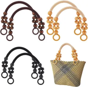 6Pcs Wooden Beaded Bag Handles, 3 Colors Purse Handles Nylon Rope Purse Straps Replacement Bag Handles U-Shape Purse Handles for Bag Making Shoulder Bag Handbag DIY Crochet Bag, 18 Inch