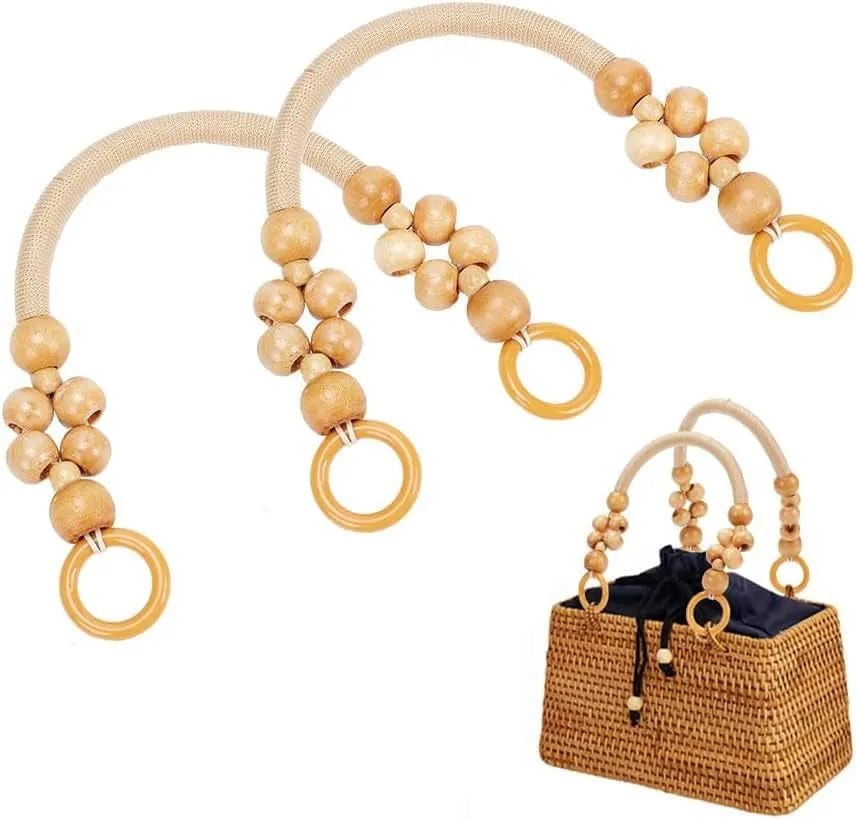 6Pcs Wooden Beaded Bag Handles, 3 Colors Purse Handles Nylon Rope Purse Straps Replacement Bag Handles U-Shape Purse Handles for Bag Making Shoulder Bag Handbag DIY Crochet Bag, 18 Inch