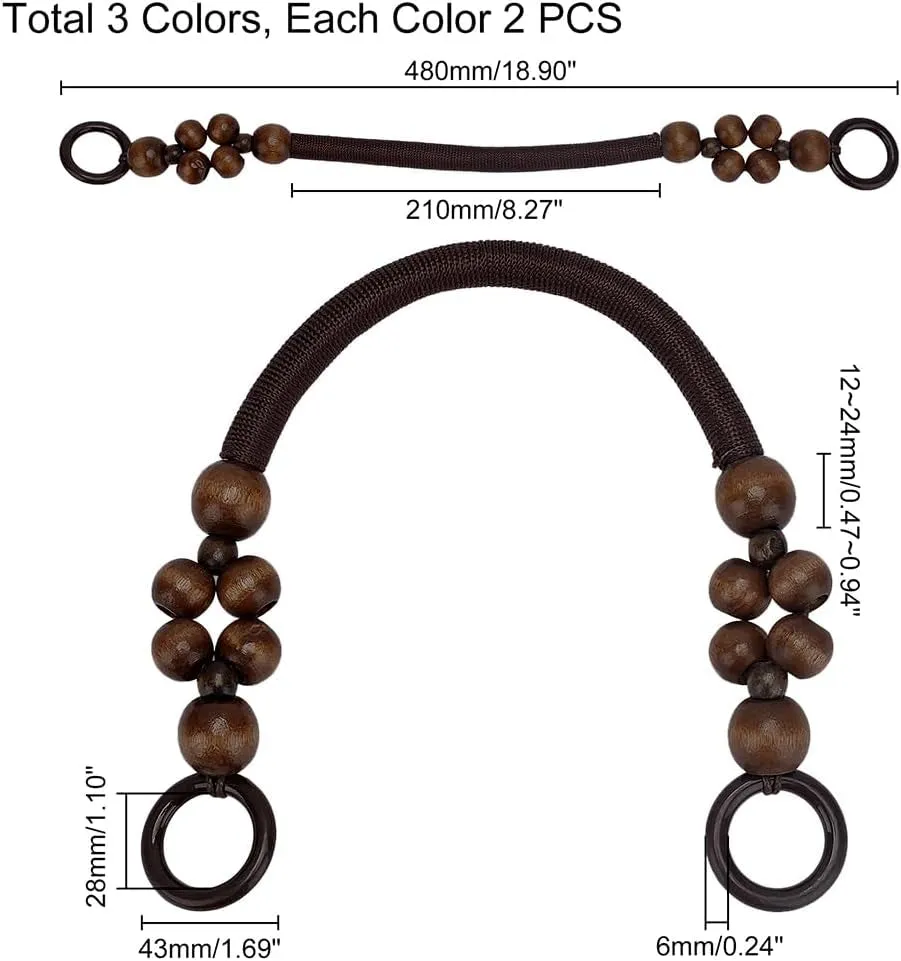 6Pcs Wooden Beaded Bag Handles, 3 Colors Purse Handles Nylon Rope Purse Straps Replacement Bag Handles U-Shape Purse Handles for Bag Making Shoulder Bag Handbag DIY Crochet Bag, 18 Inch