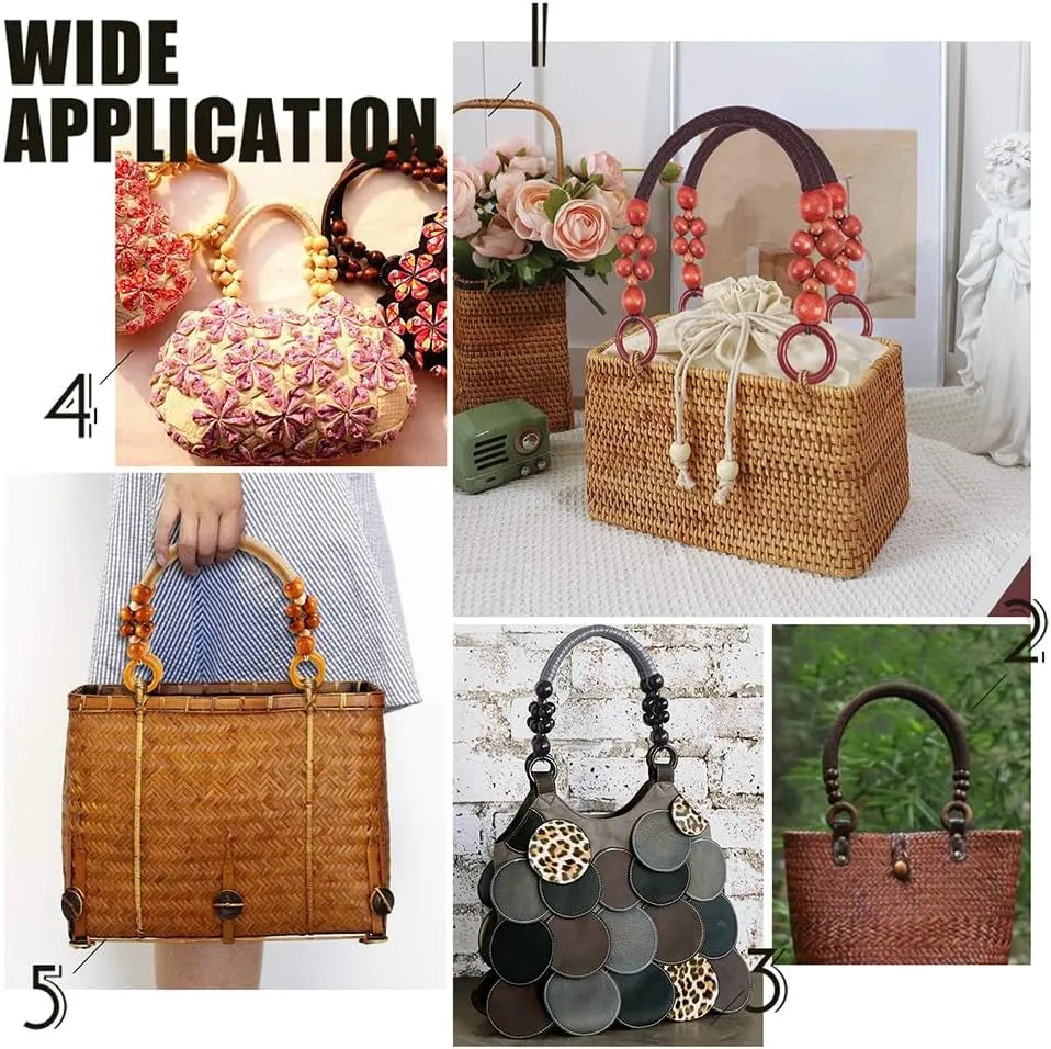 6Pcs Wooden Beaded Bag Handles, 3 Colors Purse Handles Nylon Rope Purse Straps Replacement Bag Handles U-Shape Purse Handles for Bag Making Shoulder Bag Handbag DIY Crochet Bag, 18 Inch