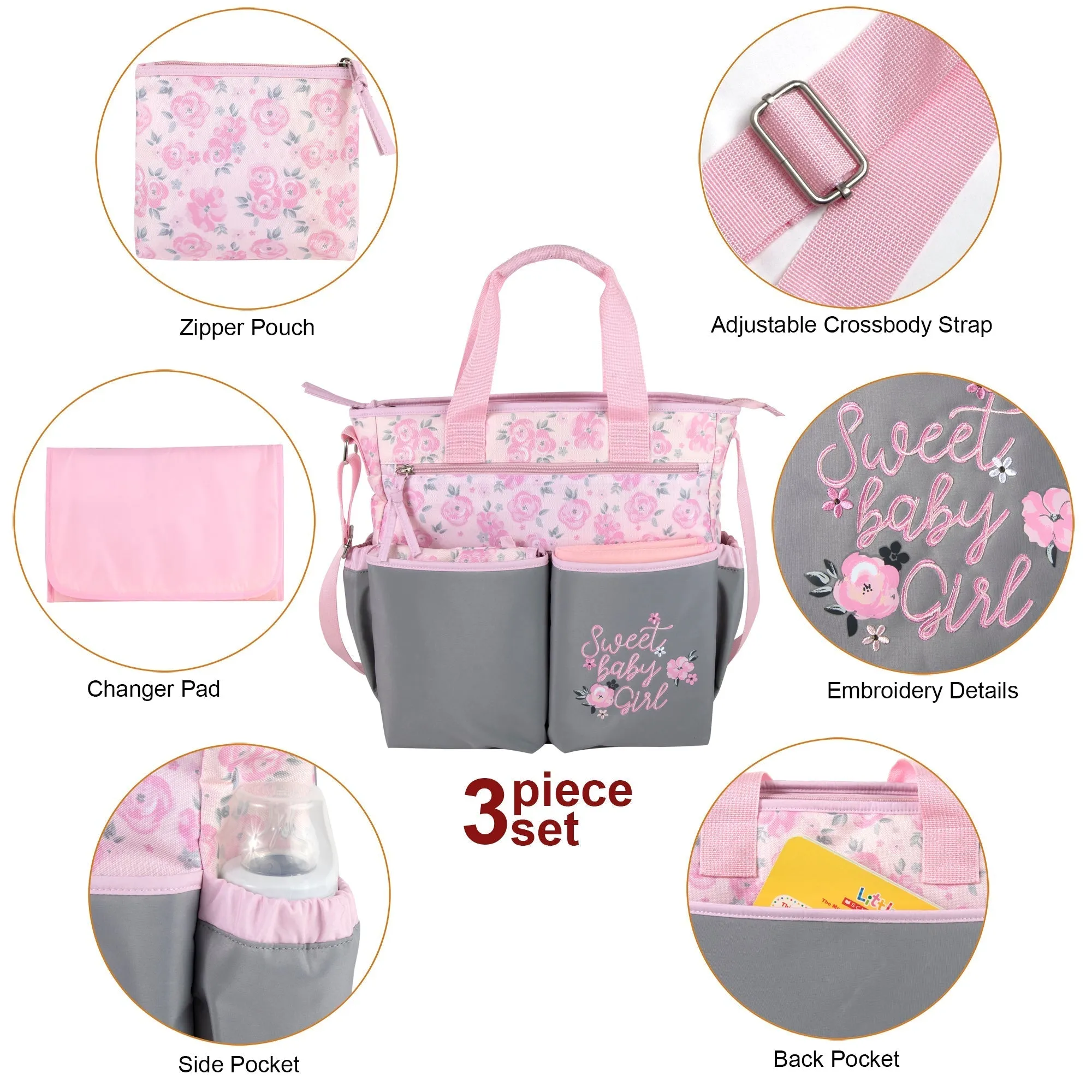 Baby Essentials 3-in-1 Diaper Bag Set - Pink Baby Girl Themed