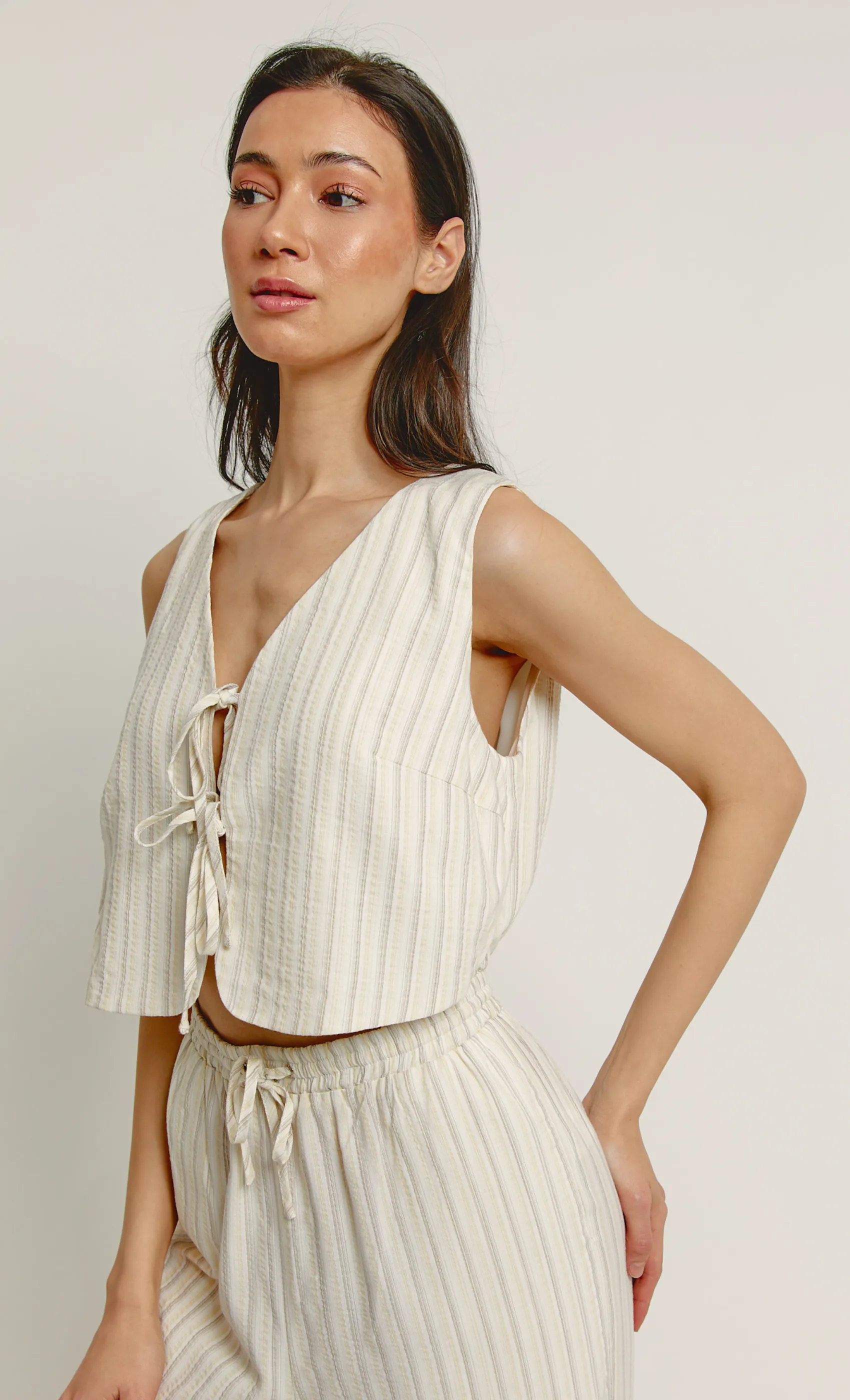 Beige Stripe Tie Front Jumpsuit