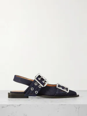 Buckled eyelet-embellished recycled denim ballet flats