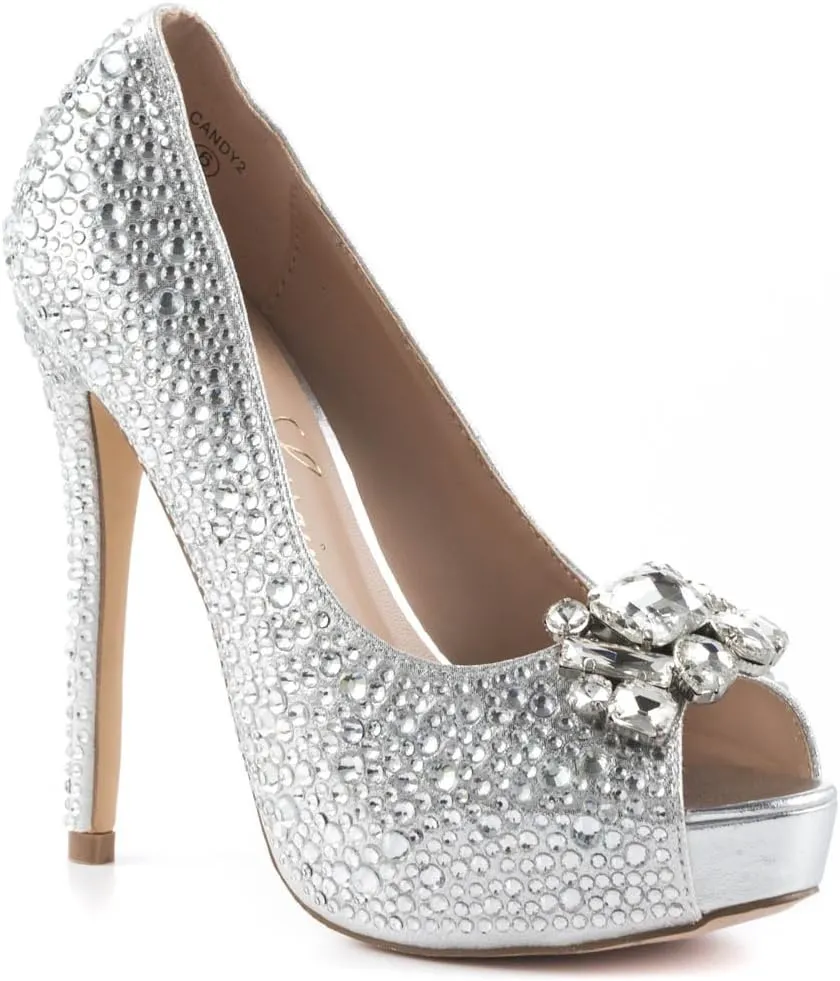Candy Silver Open Toe Platform Rinestone Crystal Slingback Pump