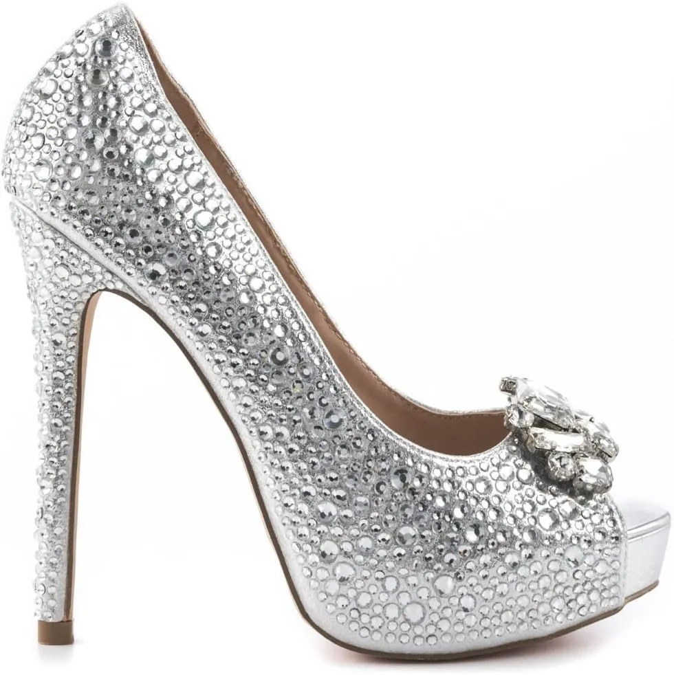 Candy Silver Open Toe Platform Rinestone Crystal Slingback Pump