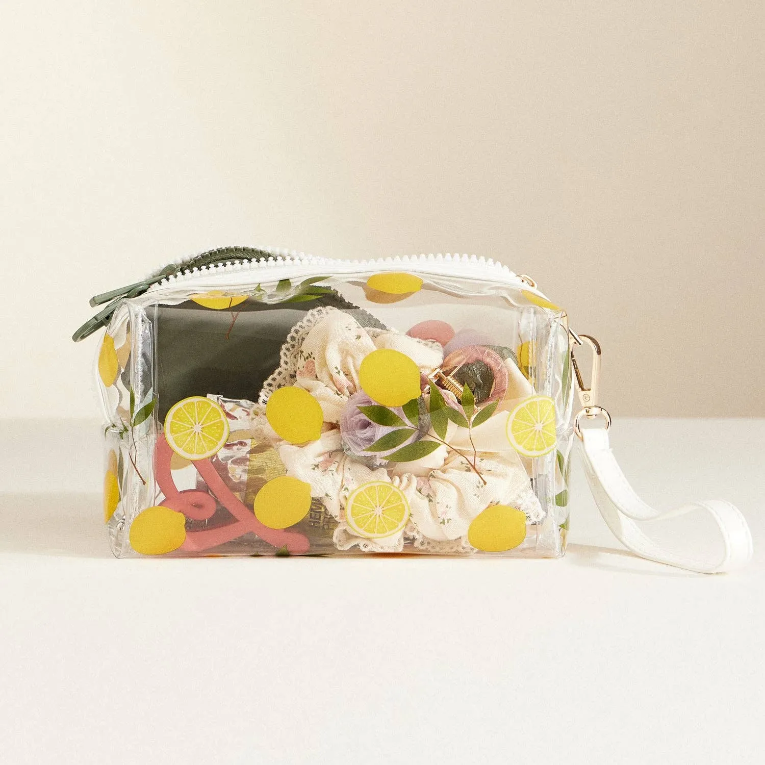 Clear Fruit-Printed Cosmetic Bags with Wrist Strap