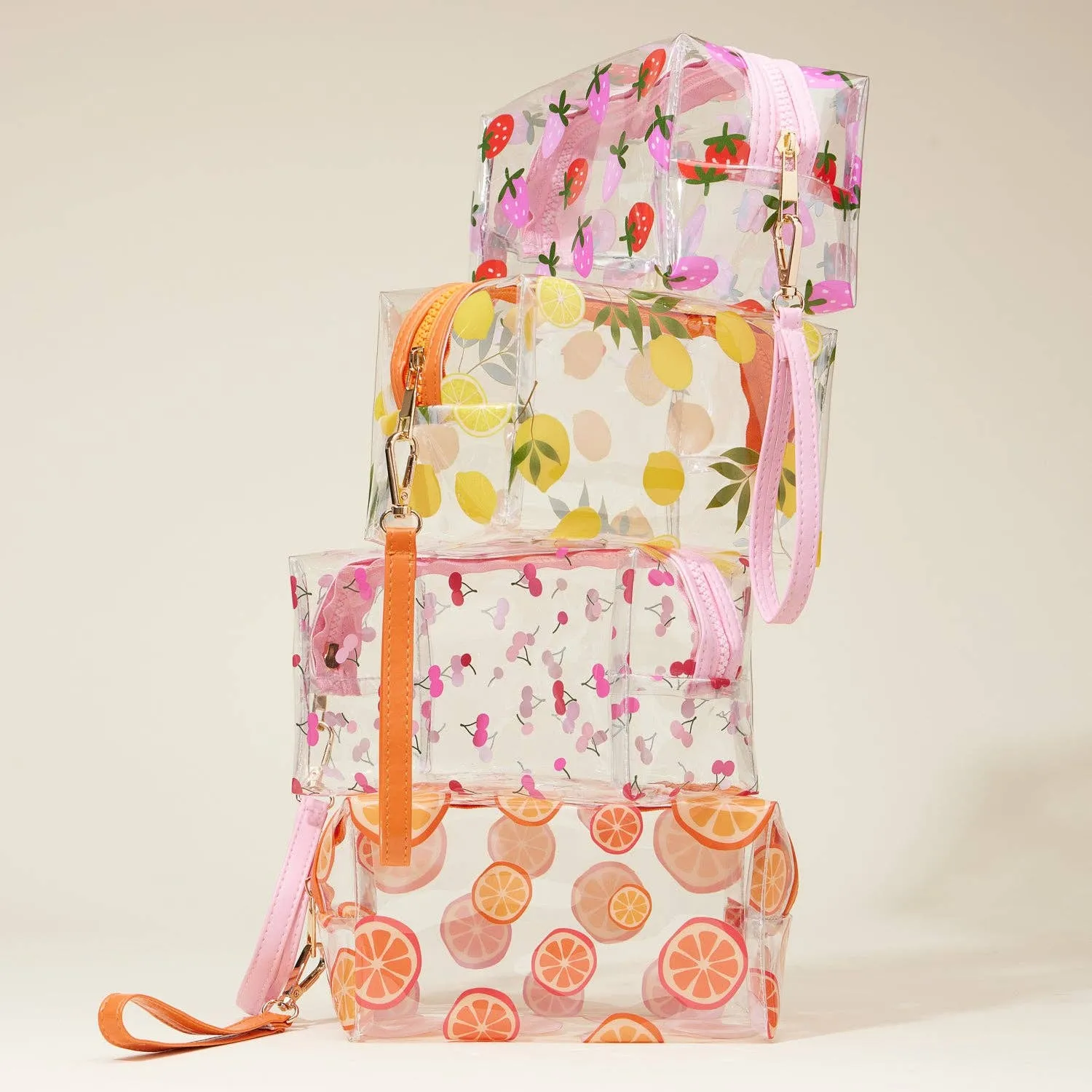 Clear Fruit-Printed Cosmetic Bags with Wrist Strap