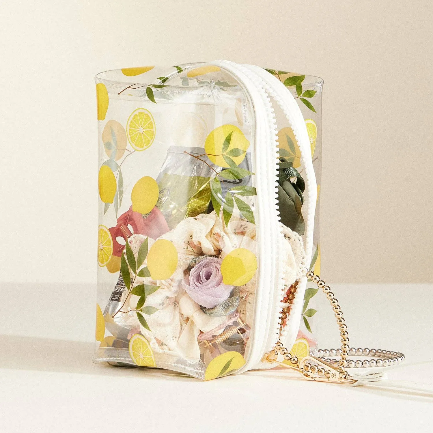 Clear Fruit-Printed Cosmetic Bags with Wrist Strap