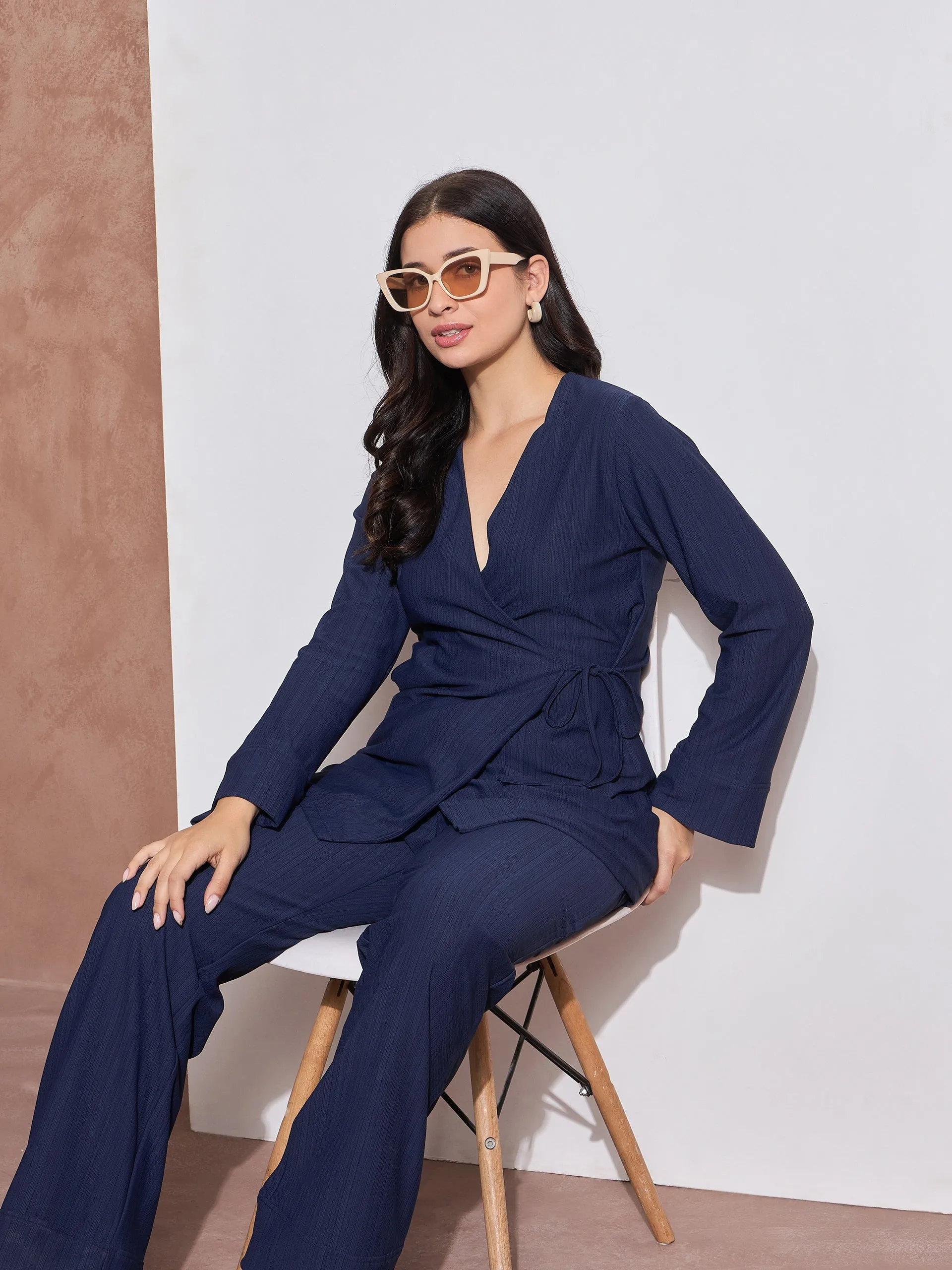 Co-Ord Set With Wrap Top And Wide Leg Trousers