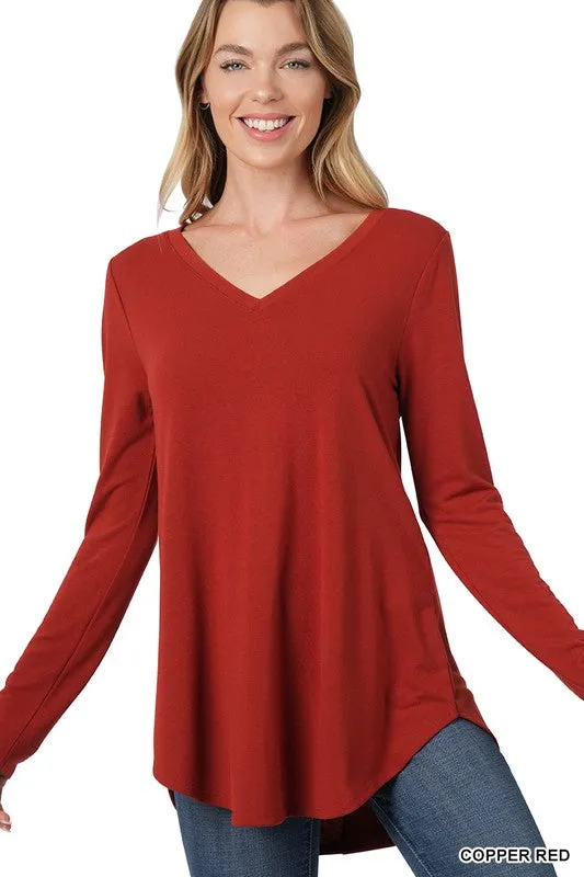 Copper Red V-Neck Long Sleeve Top (Size Large)