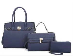 Fashion 3 in 1 Smooth Key Lock Tote Bag With Mini Bag & Clutch Set Navy