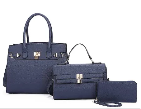 Fashion 3 in 1 Smooth Key Lock Tote Bag With Mini Bag & Clutch Set Navy