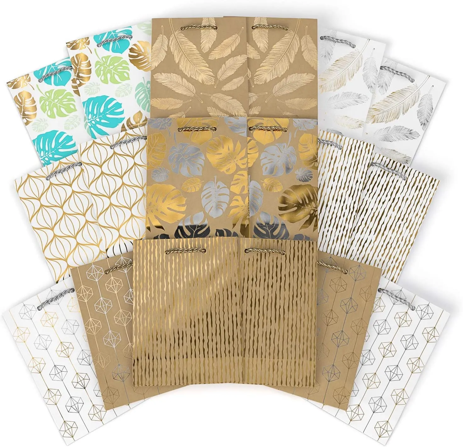 Gift Bags in White & Kraft with Assorted Designs - Set of 18