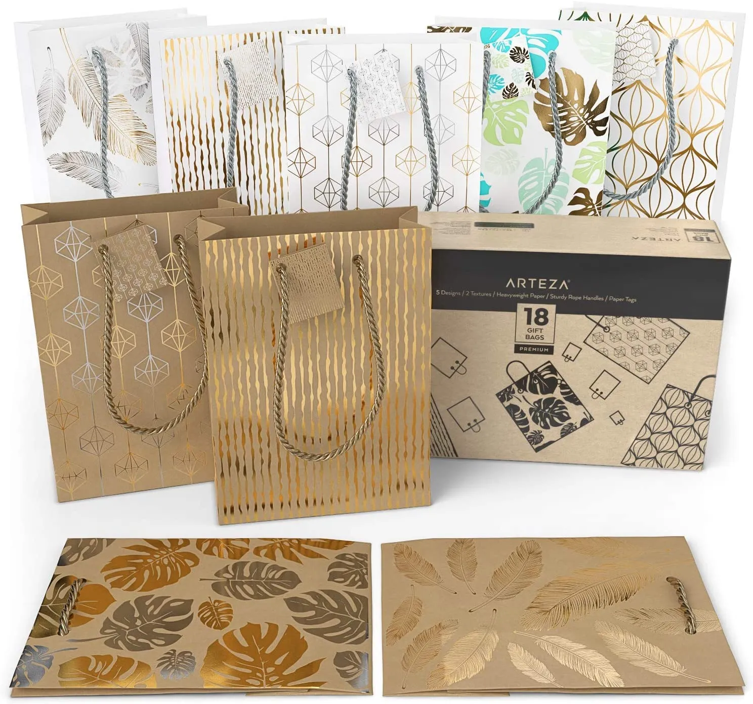 Gift Bags in White & Kraft with Assorted Designs - Set of 18