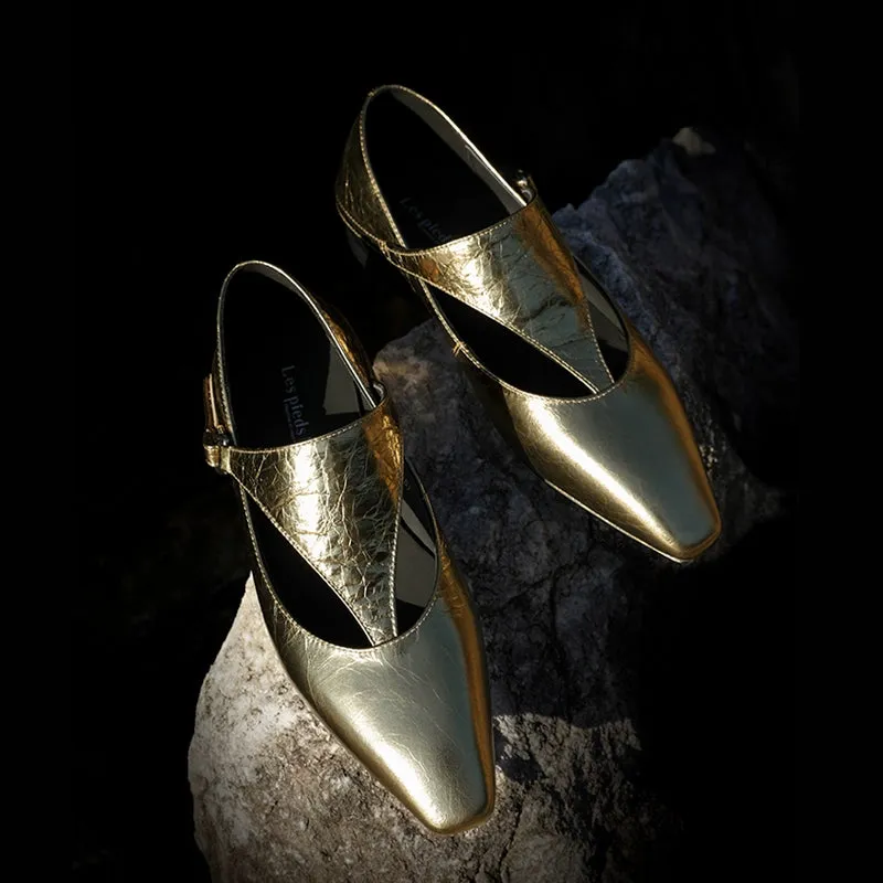 Gold Pointed-Flat Shoes