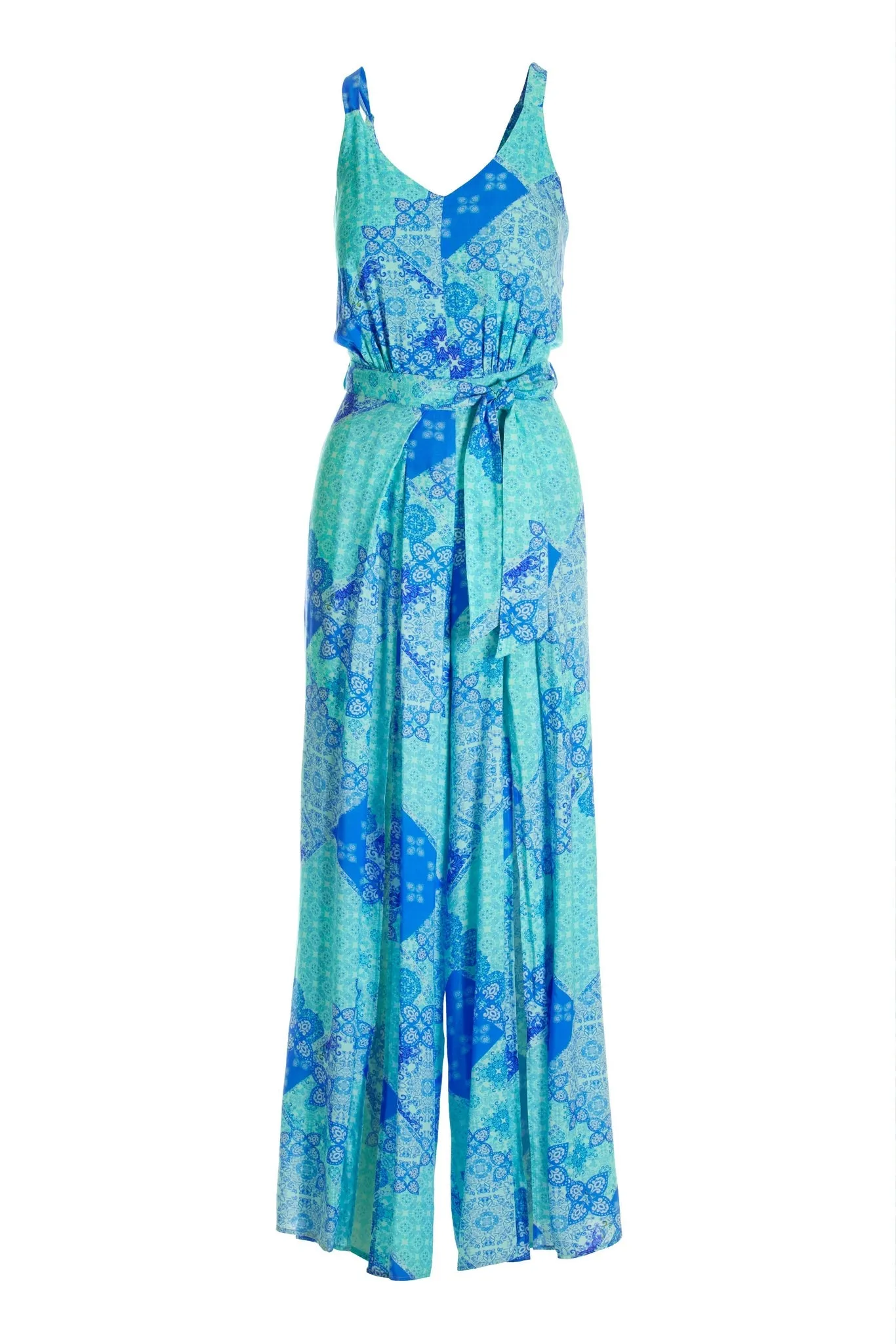 Island Patchwork Slit Jumpsuit Blue Multi