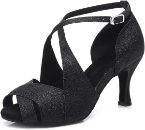 JUODVMP Women's Glitter Crossing Strap Ballroom Dance Shoes Latin Dance Shoes,Model L420