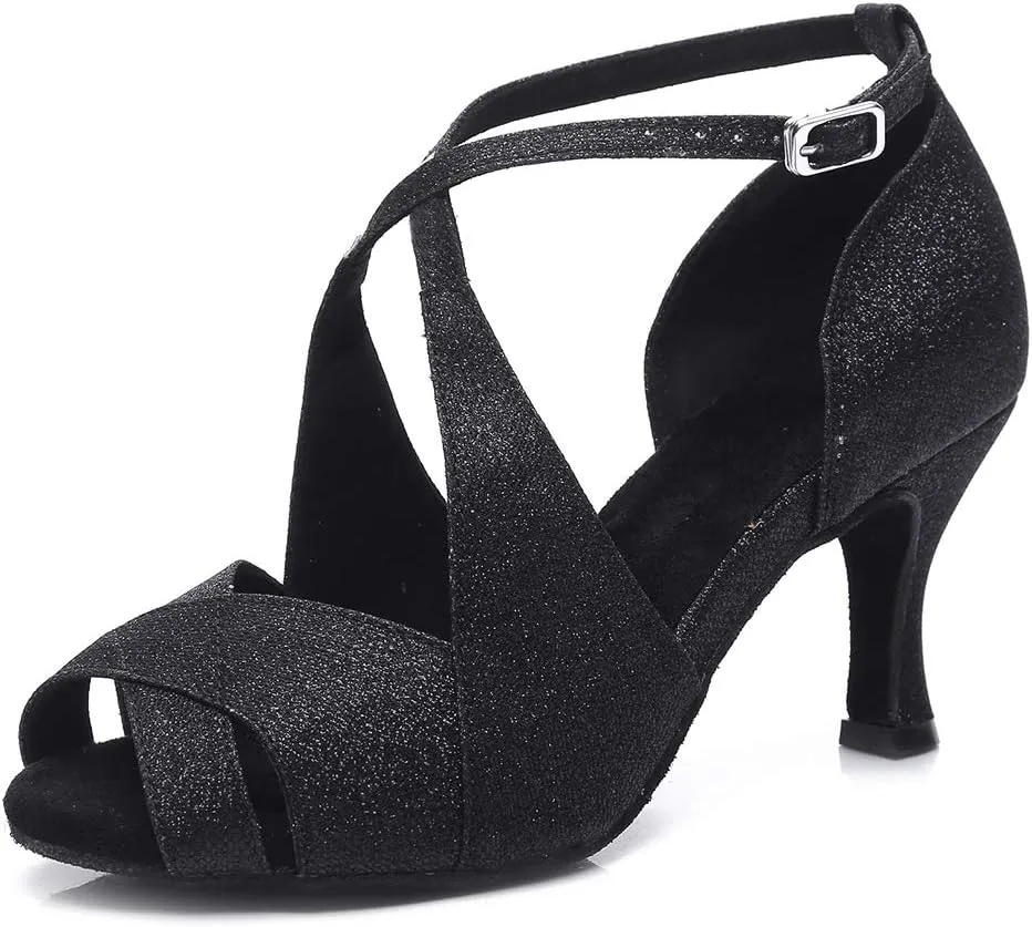 JUODVMP Women's Glitter Crossing Strap Ballroom Dance Shoes Latin Dance Shoes,Model L420