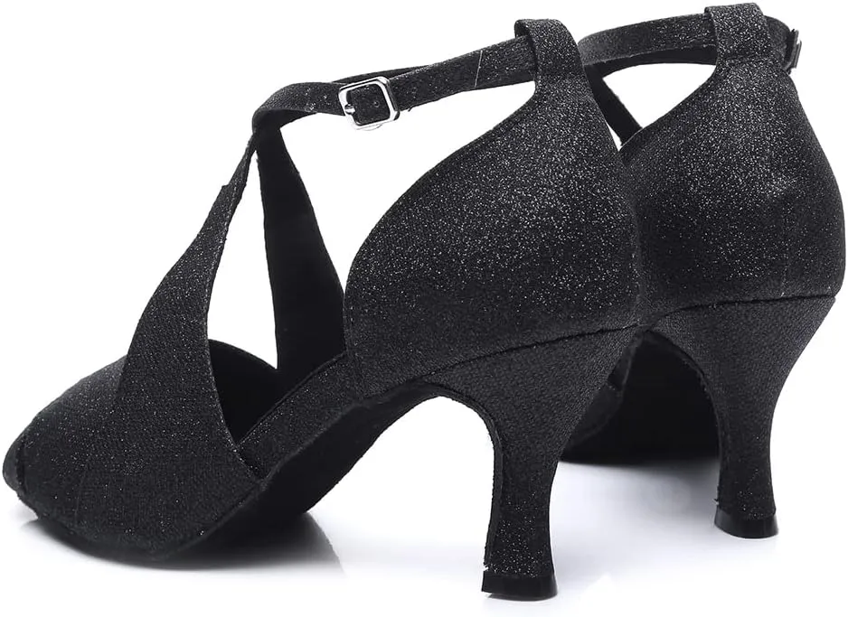 JUODVMP Women's Glitter Crossing Strap Ballroom Dance Shoes Latin Dance Shoes,Model L420