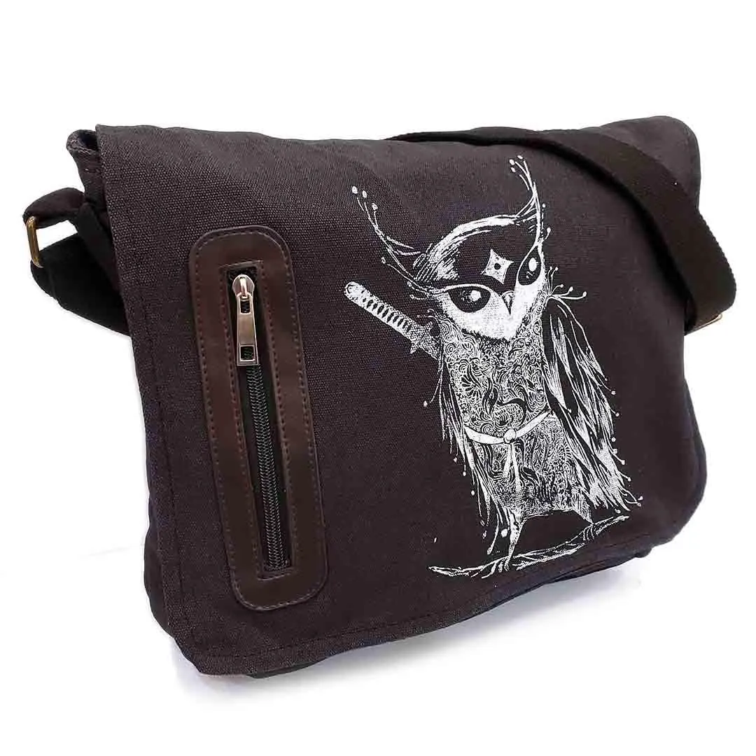 Laptop Bag - Samurai Owl White Ink on Black Canvas Bag by Namu