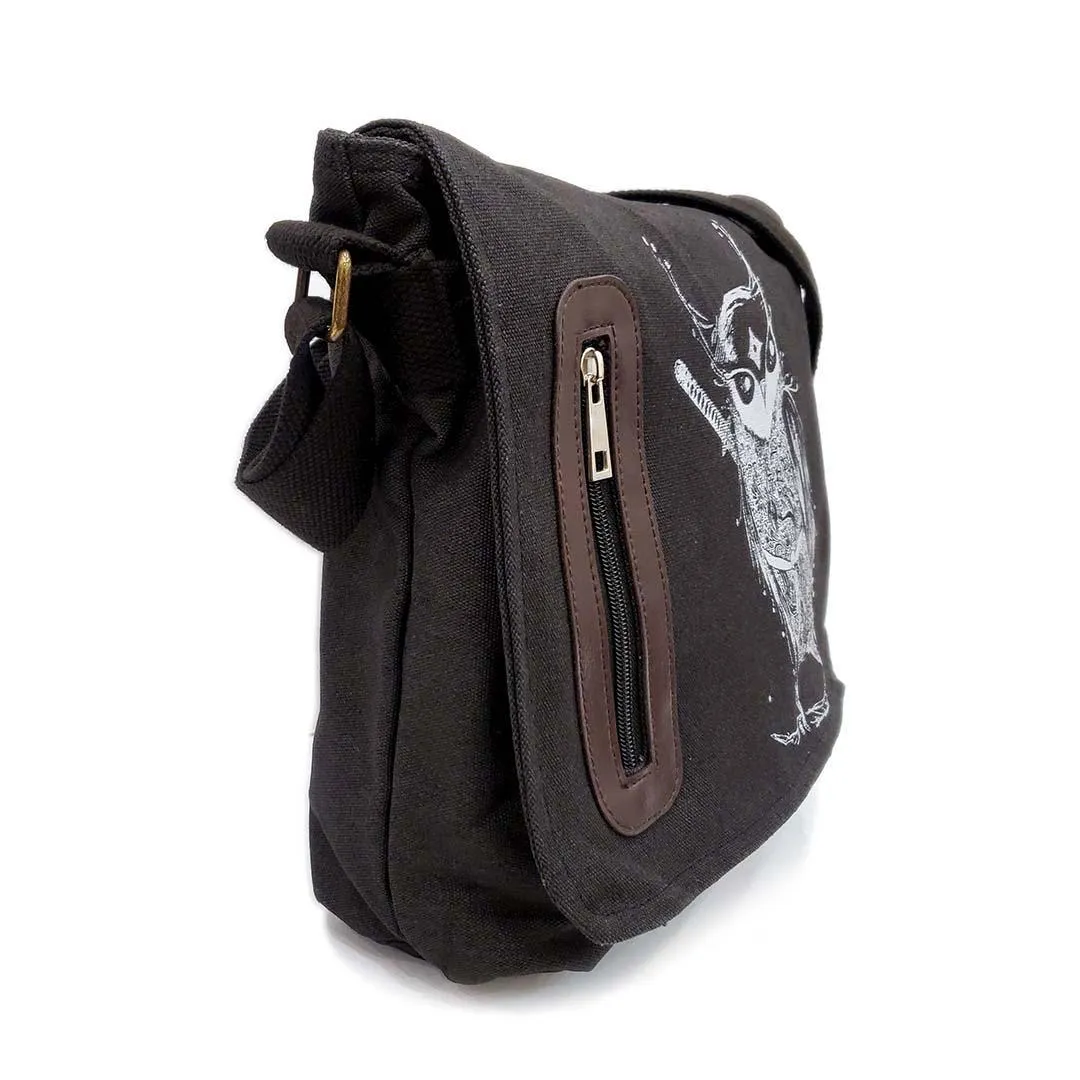 Laptop Bag - Samurai Owl White Ink on Black Canvas Bag by Namu
