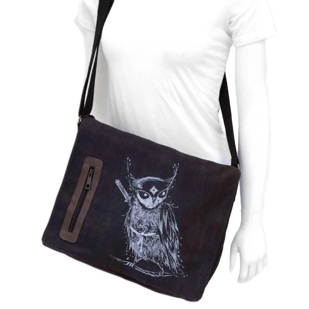 Laptop Bag - Samurai Owl White Ink on Black Canvas Bag by Namu