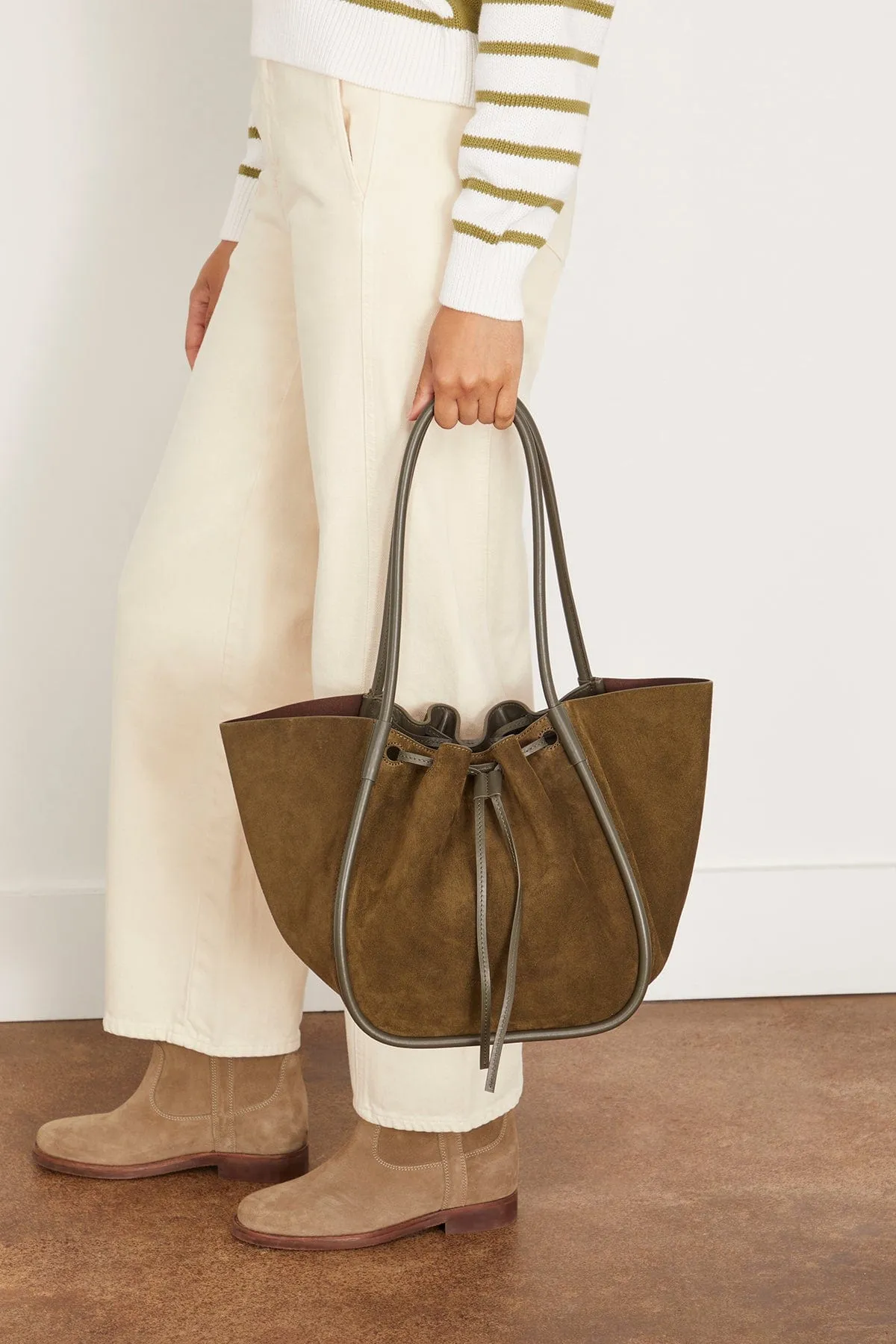 Large Ruched Soft Suede Tote in Olive