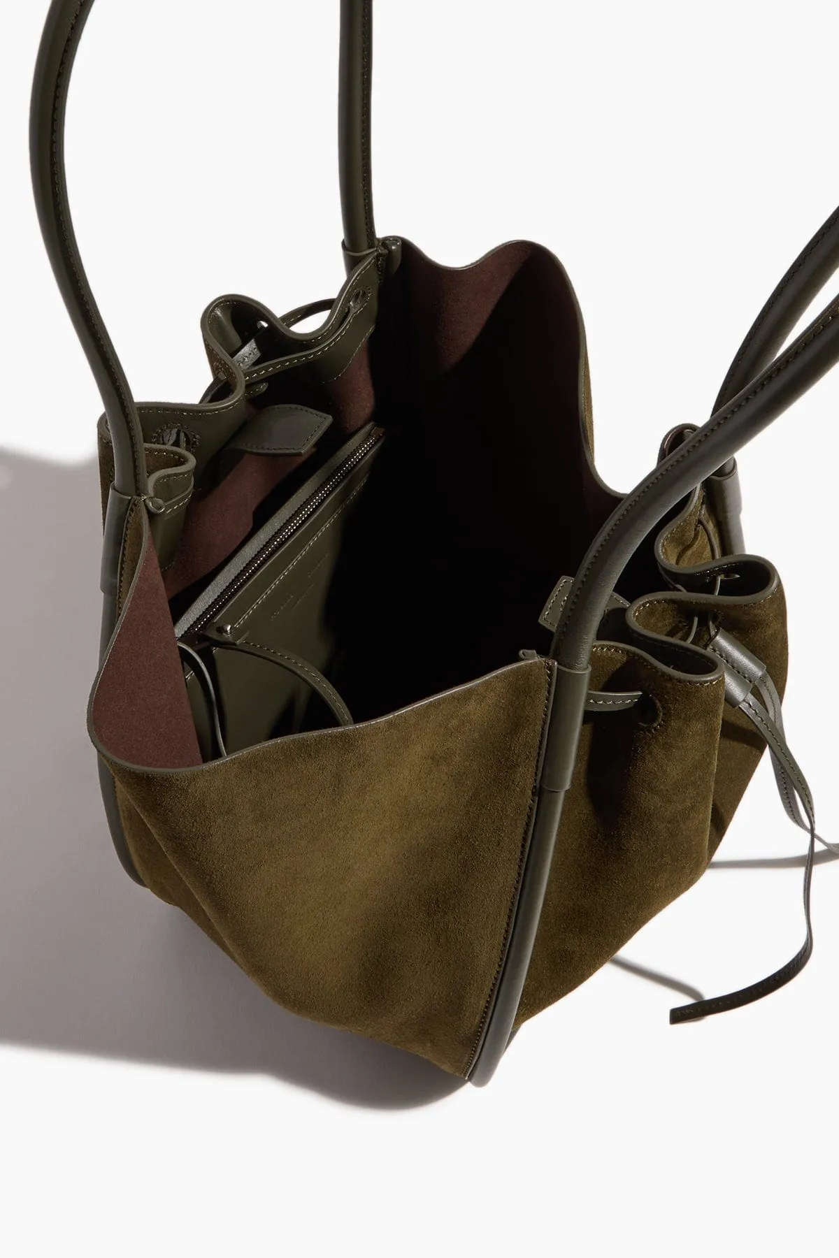 Large Ruched Soft Suede Tote in Olive