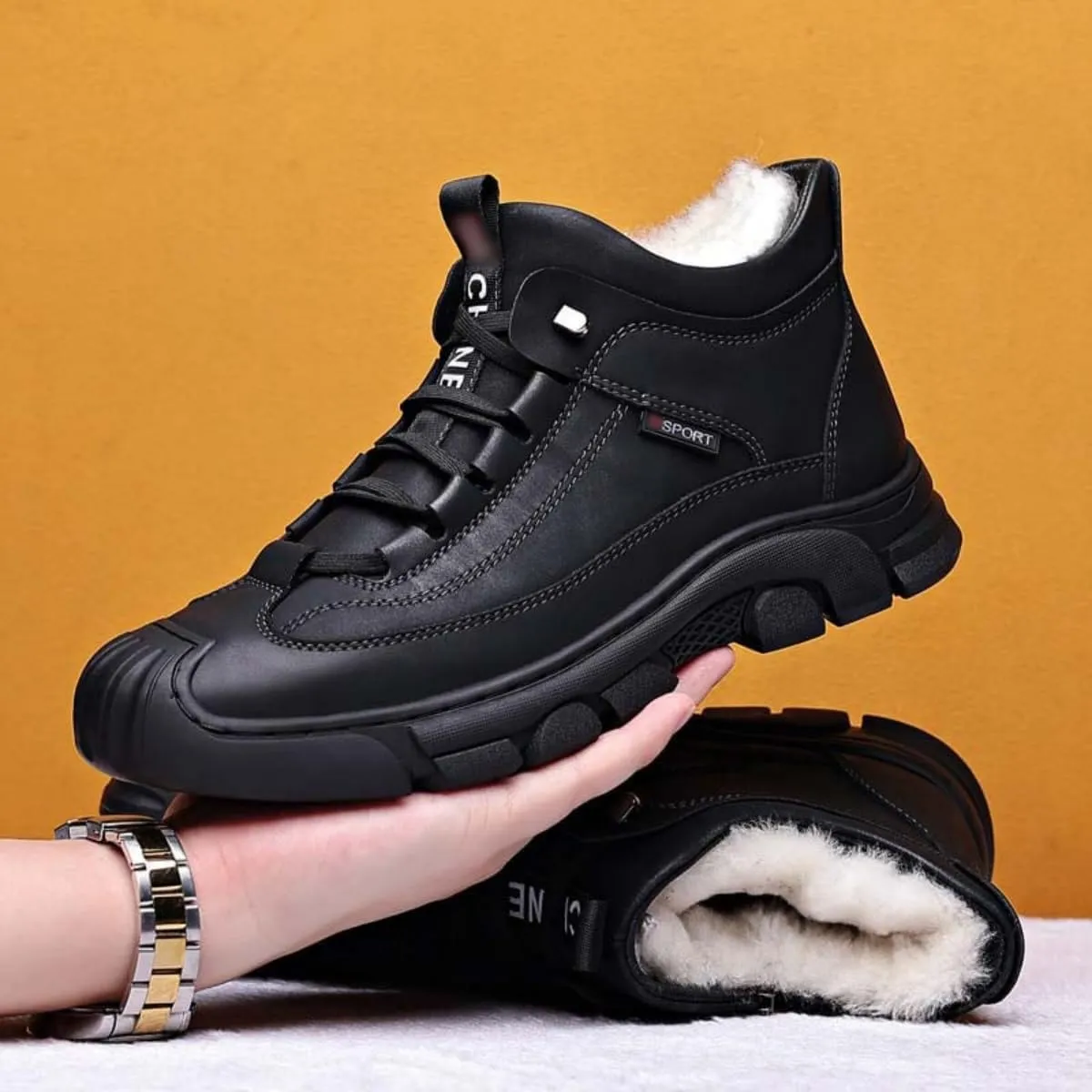 Men's Cashmere Warm Boots, Anti-Slip Snow Boots for Men, Waterproof High-Top Plus Thickened Lining Snow Boots for Men