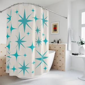 Mid Century Modern Shower Curtain, Creamy Vanilla, Aqua Blue Starburst
