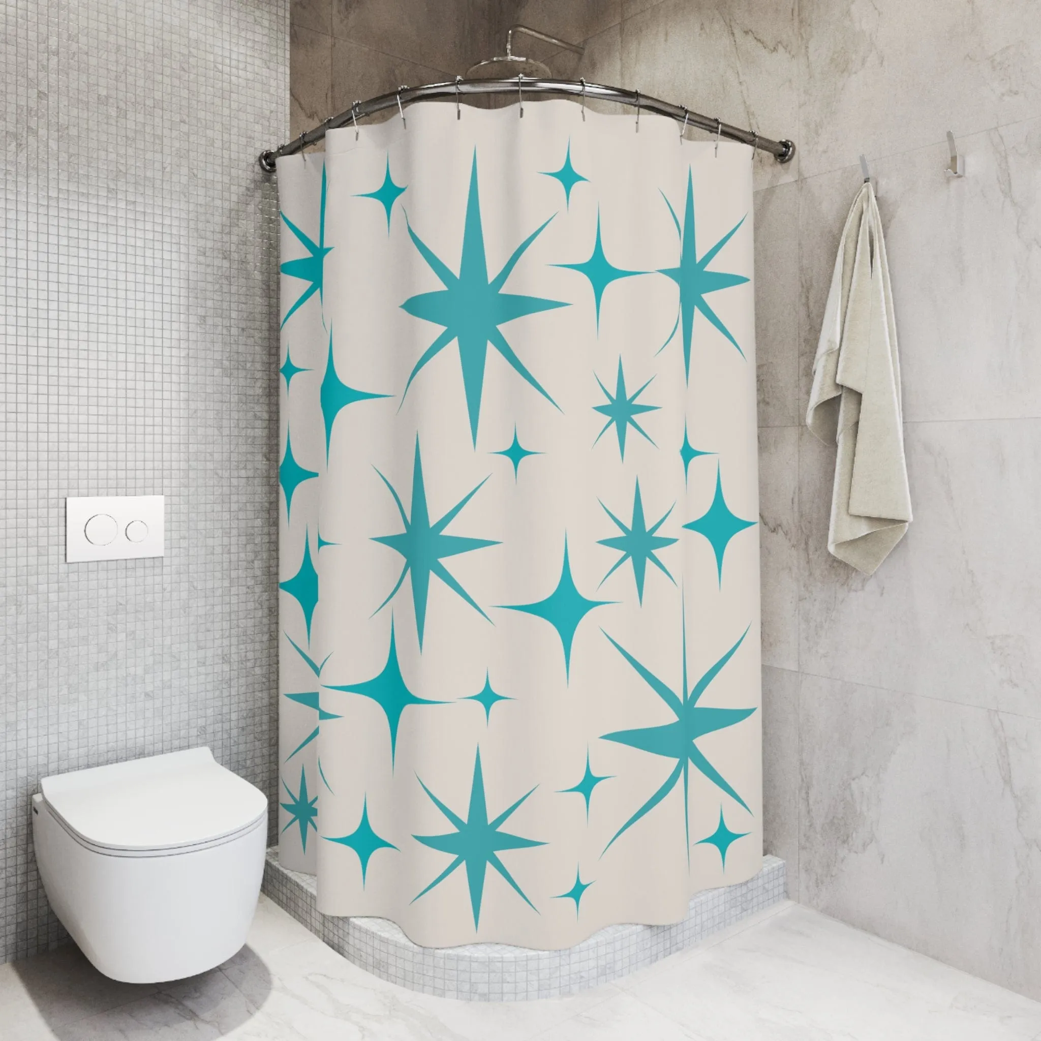 Mid Century Modern Shower Curtain, Creamy Vanilla, Aqua Blue Starburst