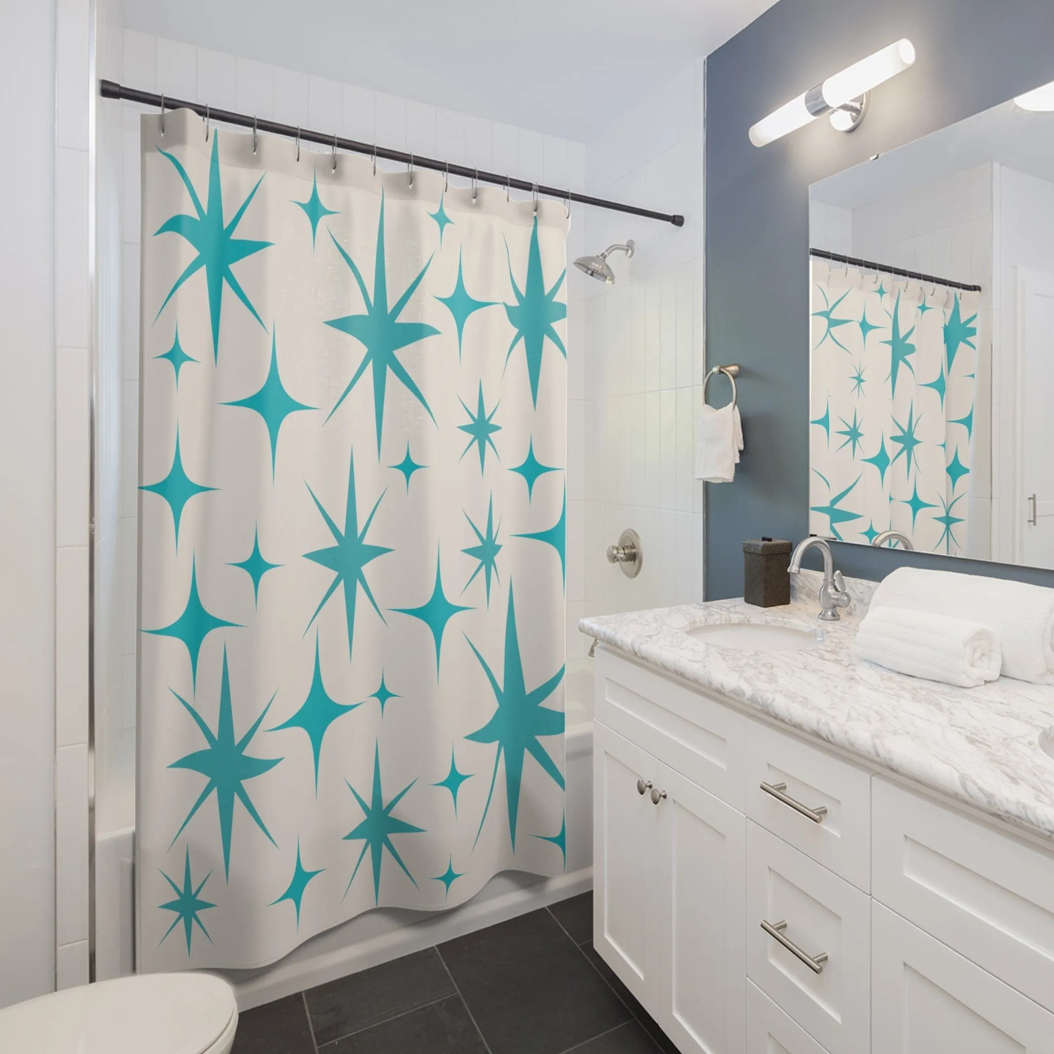 Mid Century Modern Shower Curtain, Creamy Vanilla, Aqua Blue Starburst