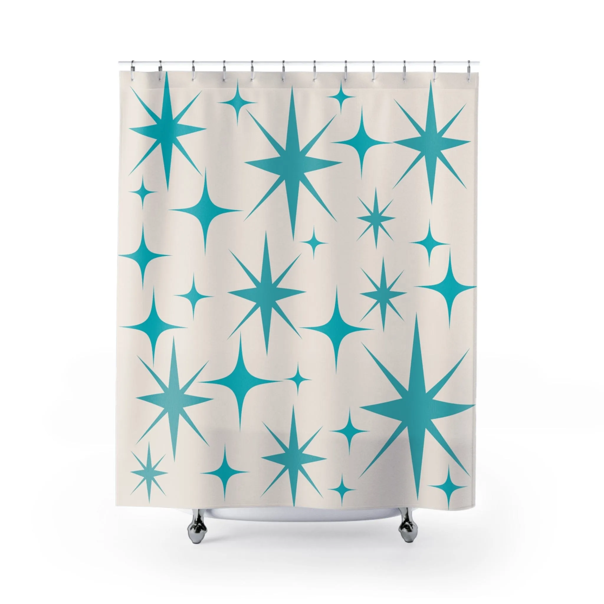 Mid Century Modern Shower Curtain, Creamy Vanilla, Aqua Blue Starburst