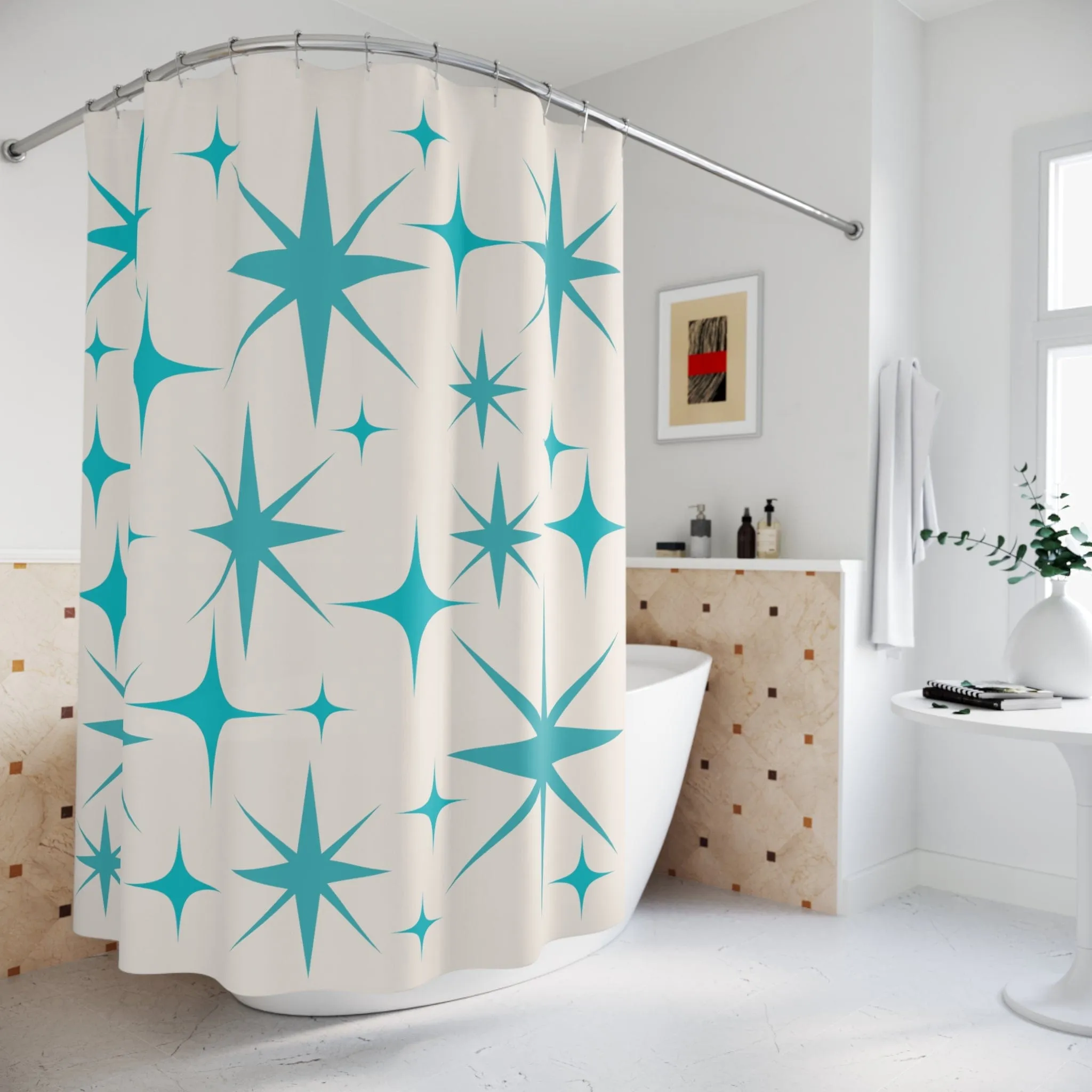 Mid Century Modern Shower Curtain, Creamy Vanilla, Aqua Blue Starburst