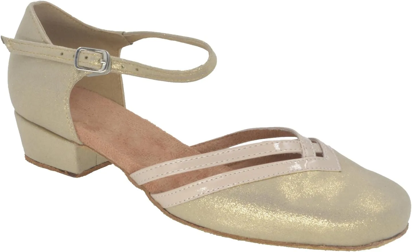 Misu Women's Closed Toe Suede Sole Latin Salsa Goldgo Practice Ballroom Dance Shoes with 1.6" Heel,Gold Satin and Patent Leather,10.5 B(M) US