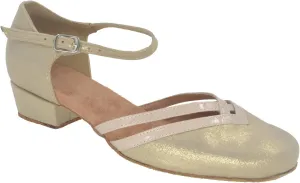 Misu Women's Closed Toe Suede Sole Latin Salsa Goldgo Practice Ballroom Dance Shoes with 1.6" Heel,Gold Satin and Patent Leather,7 B(M) US