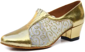Misu Women's Closed Toe Suede Sole Latin Salsa Tango Practice Ballroom Dance Shoes with 1.6" Heel,Gold PU and Mesh,10.5 B(M) US