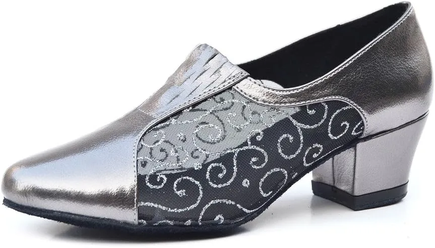 Misu Women's Closed Toe Suede Sole Latin Salsa Tango Practice Ballroom Dance Shoes with 1.6" Heel,Silver PU and Black Mesh,6 B(M) US
