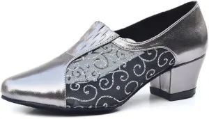 Misu Women's Closed Toe Suede Sole Latin Salsa Tango Practice Ballroom Dance Shoes with 1.6" Heel,Silver PU and Black Mesh,6 B(M) US