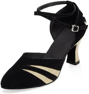 Misu Women's Closed Toe Suede Sole Latin Salsa Tango Practice Ballroom Dance Shoes with 2.7" Heel (11.5 M US, Black and Gold)