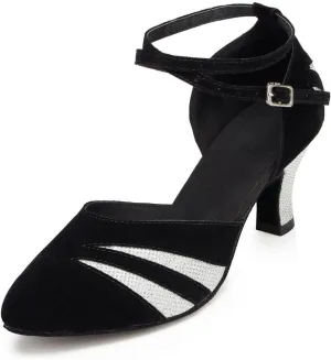 Misu Women's Closed Toe Suede Sole Latin Salsa Tango Practice Ballroom Dance Shoes with 2.7" Heel,Black Nubuck and Silver Glitter,8 B(M) US