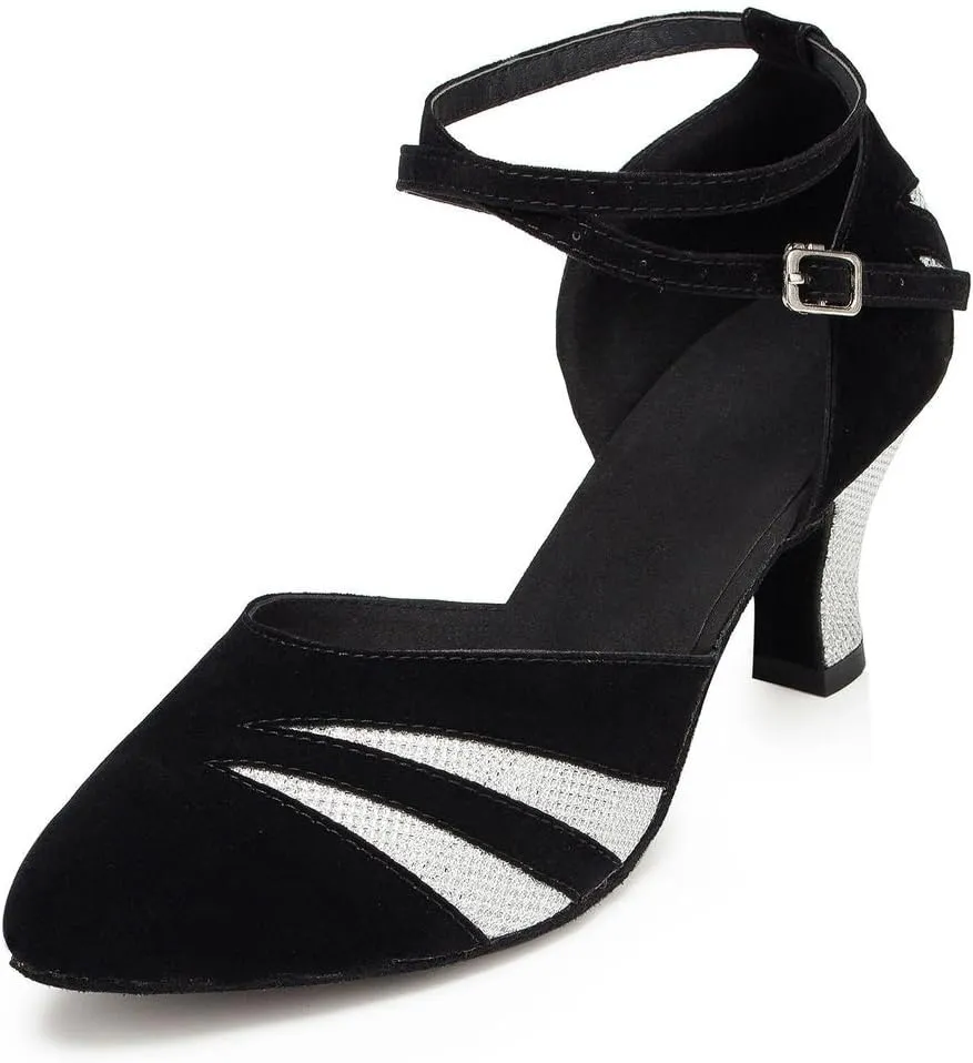 Misu Women's Closed Toe Suede Sole Latin Salsa Tango Practice Ballroom Dance Shoes with 2.7" Heel,Black Nubuck and Silver Glitter,8 B(M) US