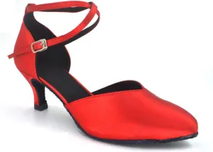 Misu Women's Closed Toe Suede Sole Latin Salsa Tango Practice Ballroom Dance Shoes with 2.7" Heel,Red Satin,4.5 B(M) US
