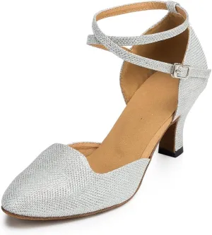 Misu Women's Closed Toe Suede Sole Latin Salsa Tango Practice Ballroom Dance Shoes with 2.7" Heel,Silver Glitter,5 B(M) US