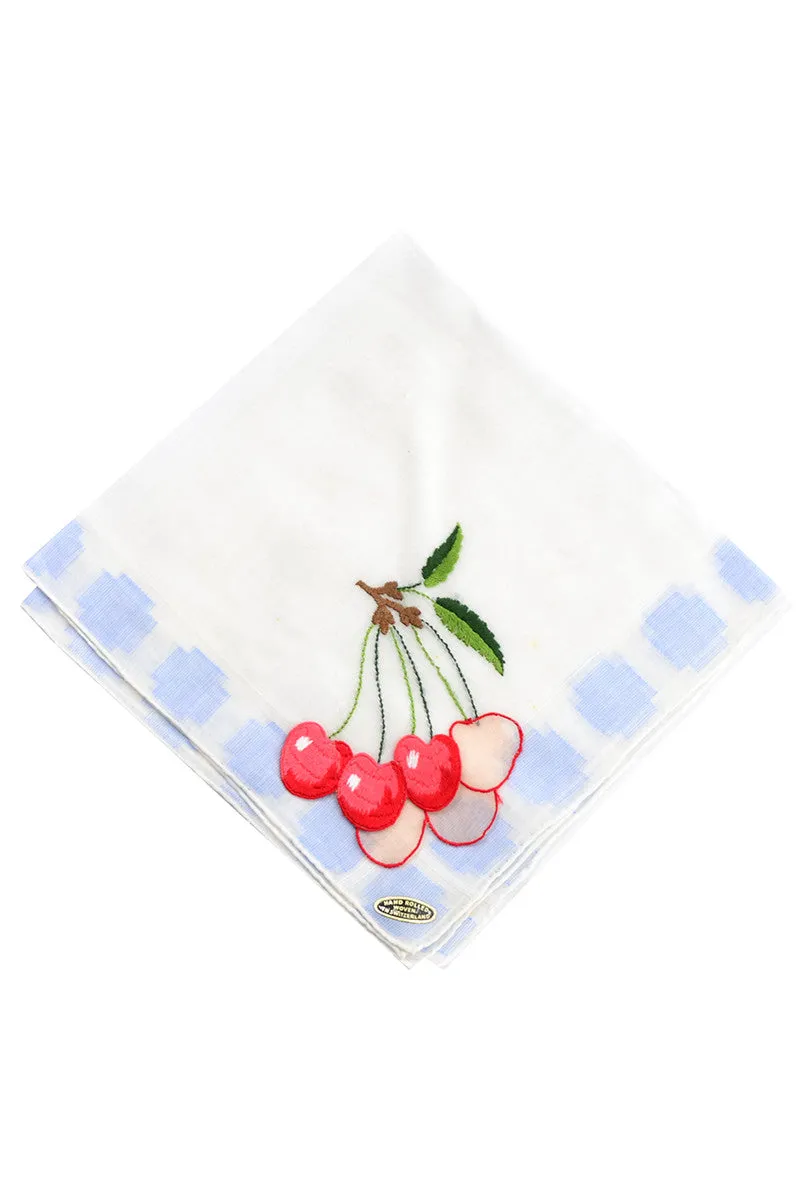 New Vintage Handkerchief Cherries Embroidery Applique Switzerland