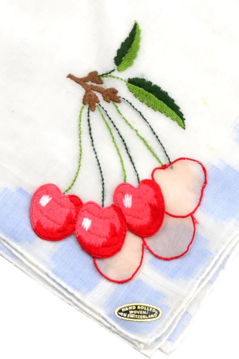 New Vintage Handkerchief Cherries Embroidery Applique Switzerland