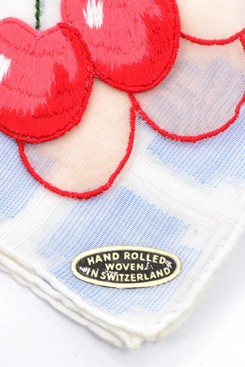 New Vintage Handkerchief Cherries Embroidery Applique Switzerland