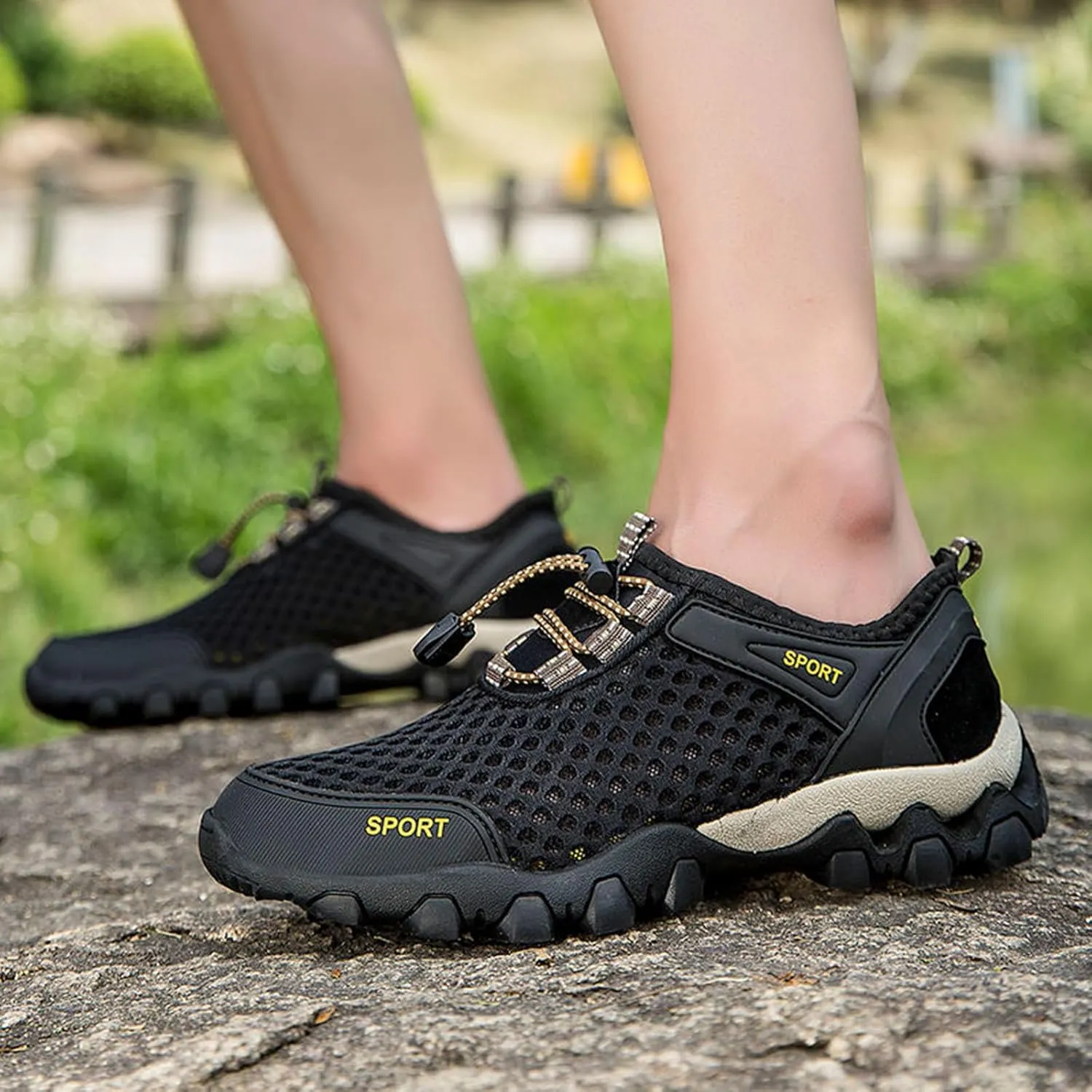 Non Slip Work Sport Shoes for Men Breathable Elastic Fly Woven Mesh Sneaker Memory Foam Versatile Shoes for Men