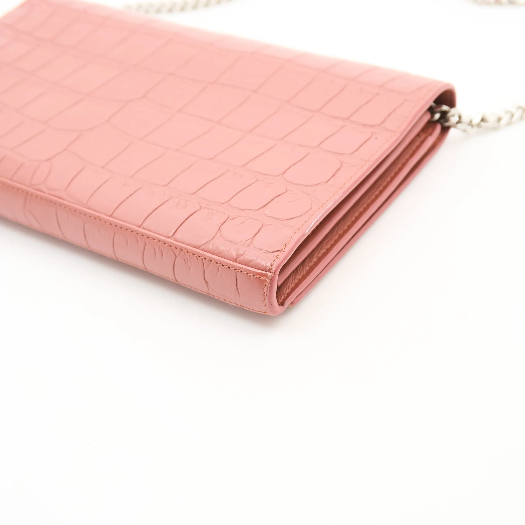 Saint Laurent Croc Embossed Leather Wallet on Chain Salmon